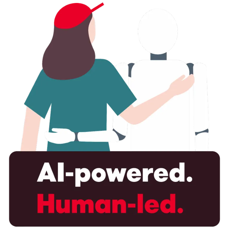 Een illustratie toont een persoon die vriendschappelijk zijn arm om een robot slaat. Daaronder staat de tekst "AI-powered. Human-led.", die de samenwerking tussen mens en kunstmatige intelligentie symboliseert.