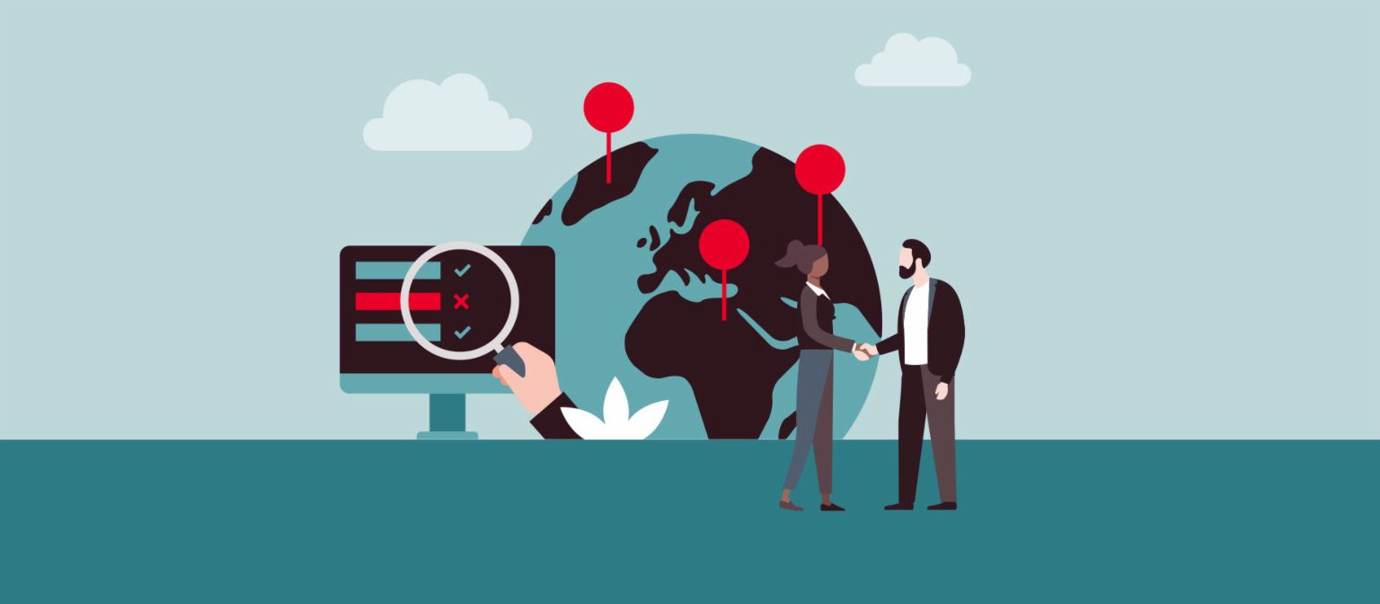 An illustration shows a man and a woman in business attire shaking hands. In the background is a globe with several locations pinned on it – and a stylized income statement. 
