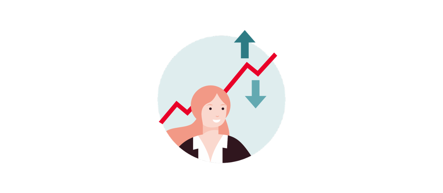 L’infographie 2 montre une courbe qui monte de façon régulière en zigzag. Une flèche vers le haut et une flèche vers le bas représentent l’évaluation des données sous-jacentes.