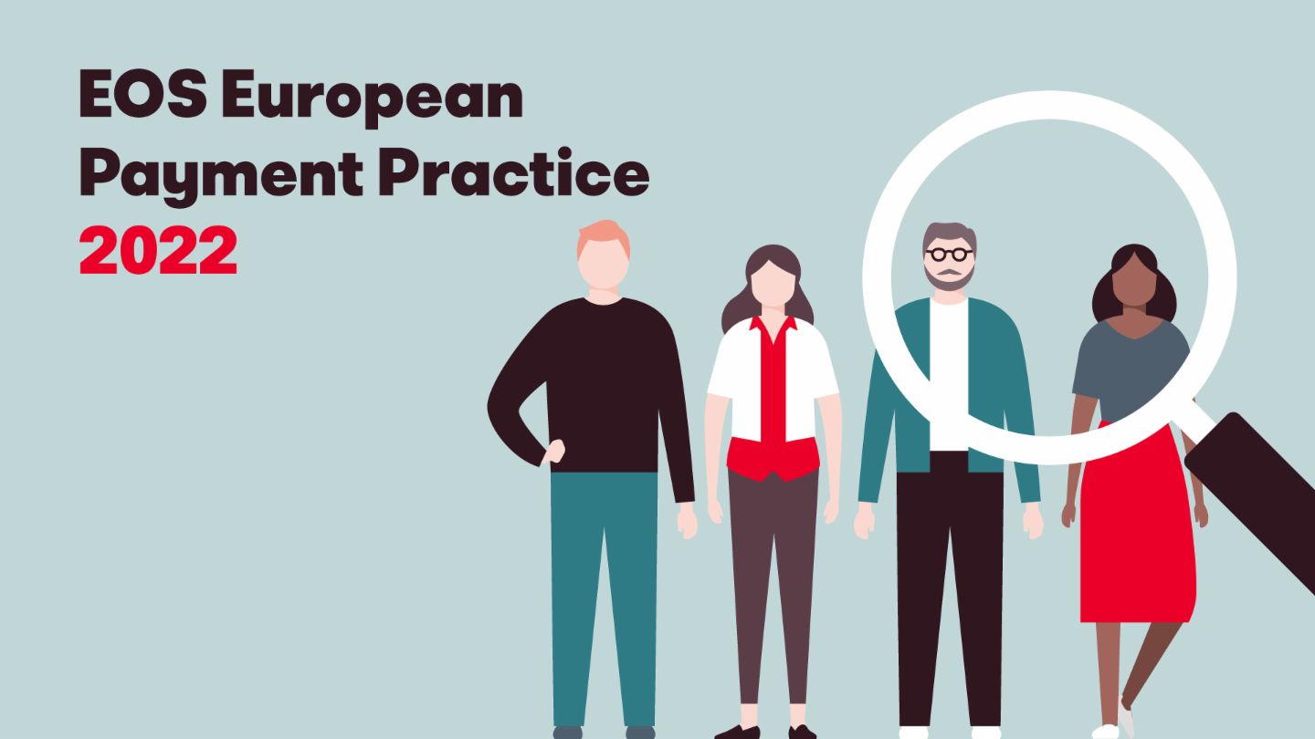 Illustratie met vier diverse personen en een vergrootglas, samen met de tekst "European Payment Practise EOS study 2022". Deze afbeelding vertegenwoordigt het jaarlijkse EOS-onderzoek naar Europees betalingsgedrag en trends.