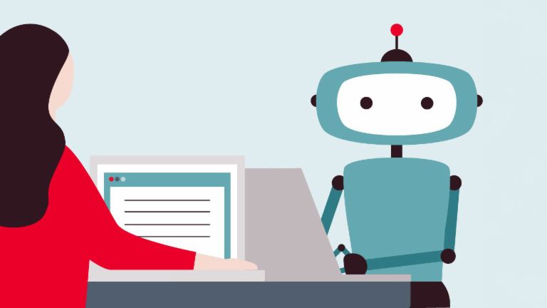 Dessin d’une femme devant un ordinateur, faisant face à un robot