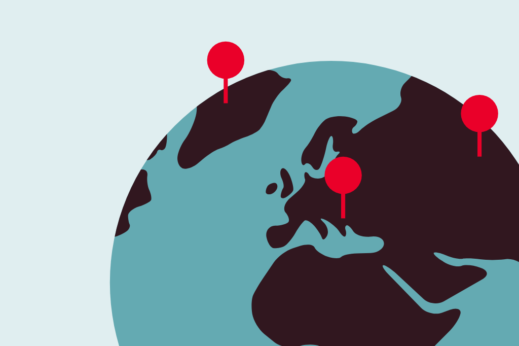 Gestileerde illustratie van een wereldbol met diverse rode spelden, verspreid over verschillende landen.