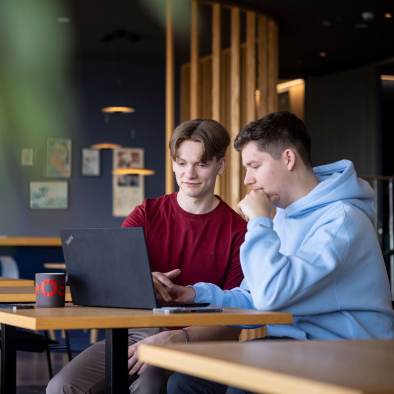 Twee jonge EOS-medewerkers bekijken samen een computerscherm en bespreken wat ze zien.