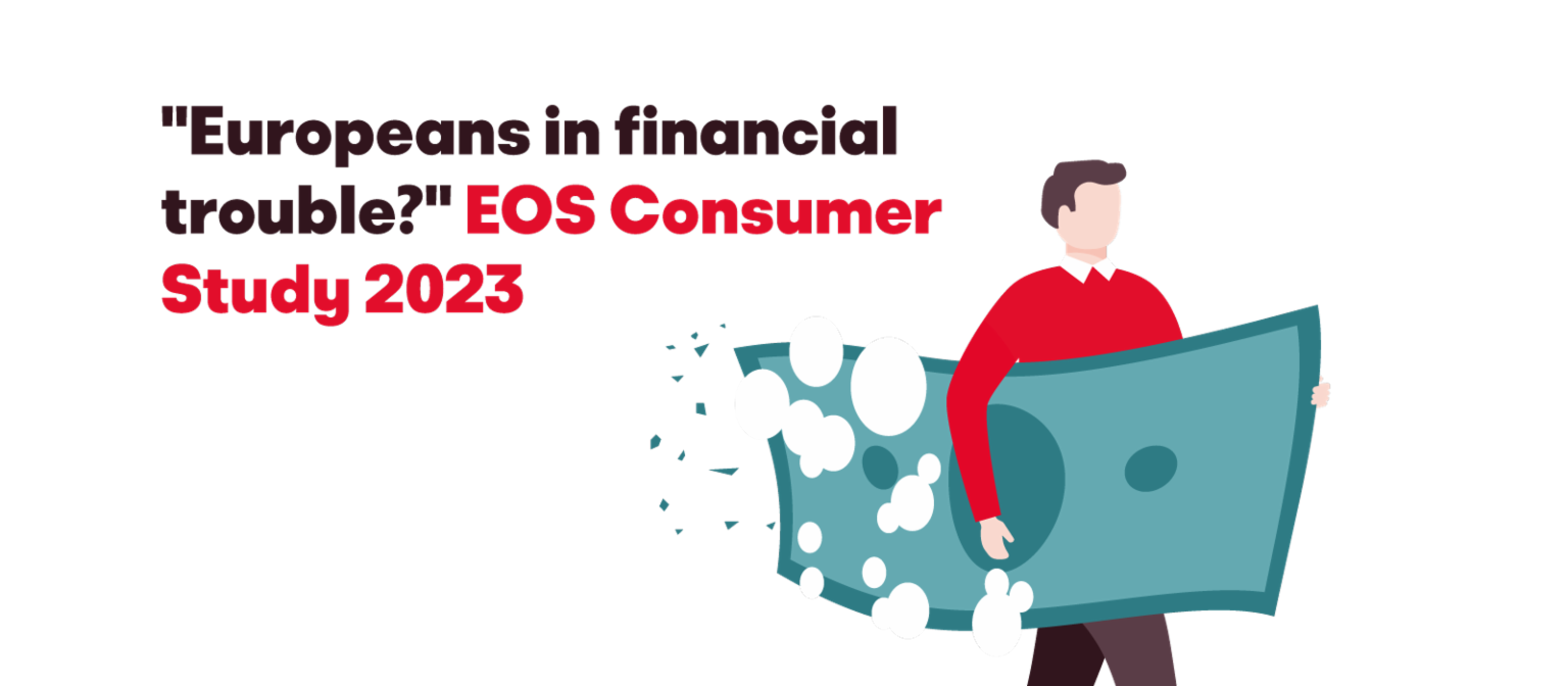 Illustration d'un homme portant un grand billet de banque en train de se dissoudre, avec le texte 'Les Européens en difficulté financière ? Étude Consommateurs EOS 2023'.