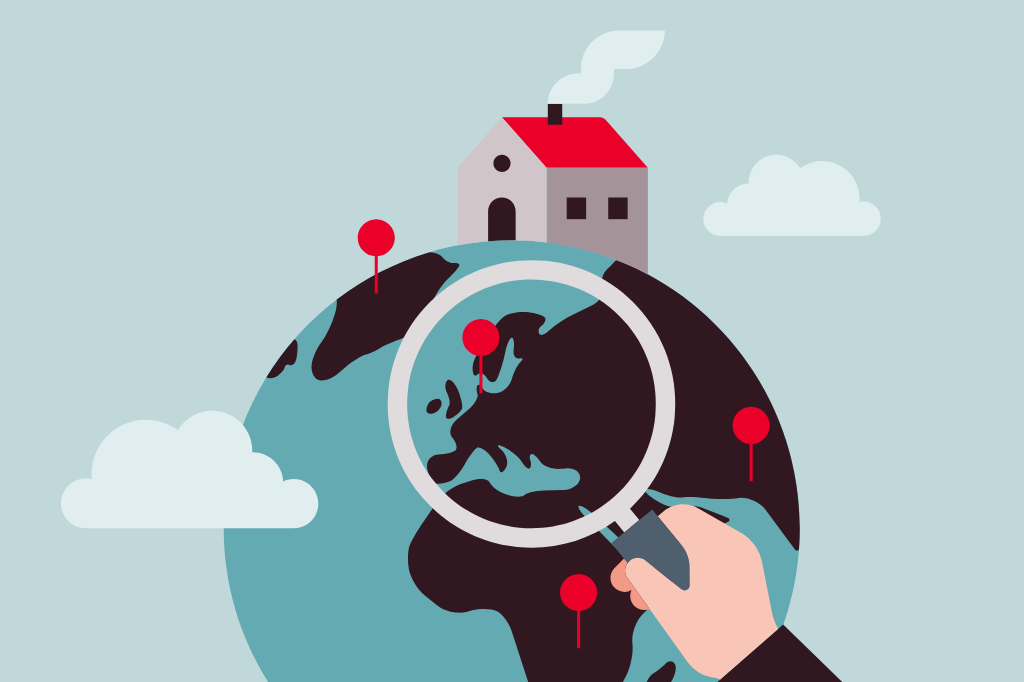 Illustration : un globe terrestre avec des épingles stylisées. L’une d’entre elles est observée à la loupe et indique approximativement le Danemark.