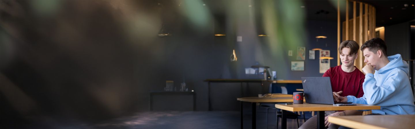 Twee jonge mannen zitten aan een tafel in een stijlvol, modern kantoor en werken samen op een laptop. De achtergrond bevat een eigentijds interieur met houten elementen en ingelijste afbeeldingen aan de muur. De sfeer is ontspannen en samenwerkend.
