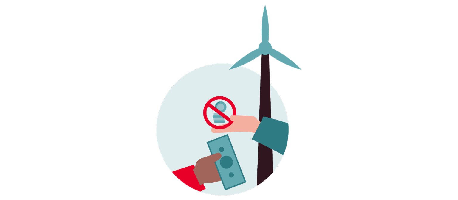 Infographic 3 toont een windturbine en een doorgestreepte stapel geld die wordt ingeruild voor een bankbiljet.