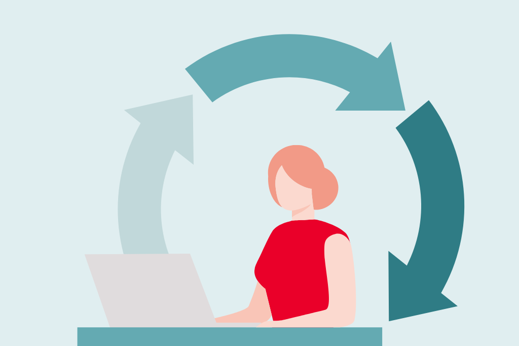 Illustratie van een vrouw die werkt op een laptop; de pijlen op de achtergrond duiden op een cyclus.
