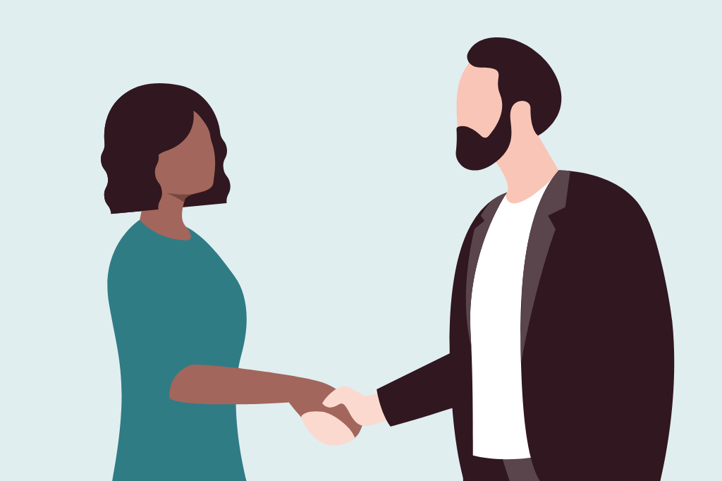 Illustratie van twee personen die elkaar de hand schudden.